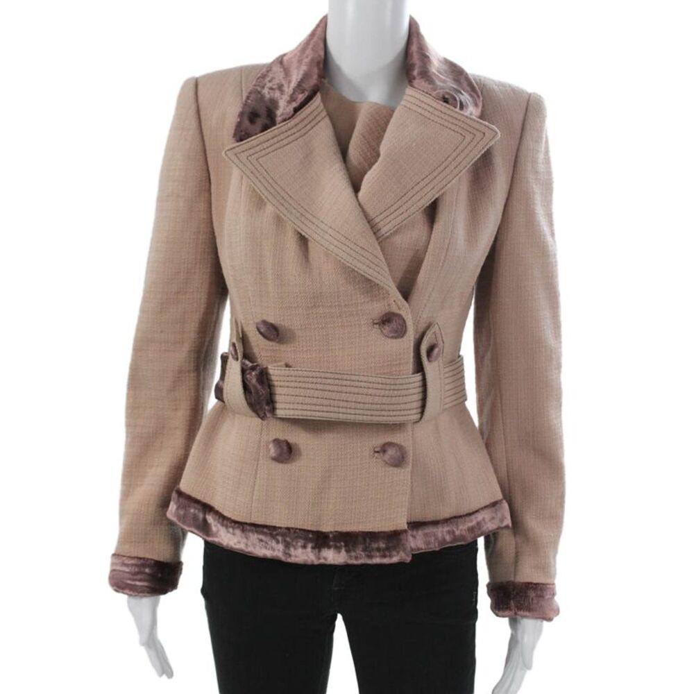 collection PRIVEE Womens Beige Tweed Velvet Basic Jacket Button Size 42